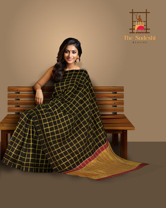 Black Kanchipuram Silk Saree with Checks body with Maroon Tissue Pallu with Silver Zari stripes
