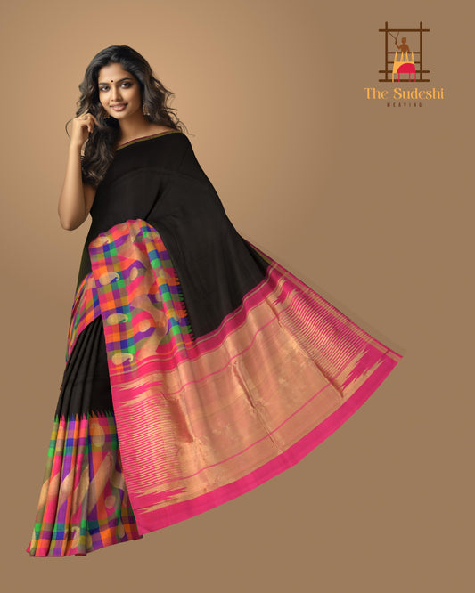Black Kanchipuram Silk Saree with Plain body with Mango motif geometrical pattern Contrast border and Pink 8 Kol Pallu with seepu rekku