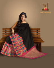 Black Kanchipuram Silk Saree with Plain body with Mango motif geometrical pattern Contrast border and Pink 8 Kol Pallu with seepu rekku