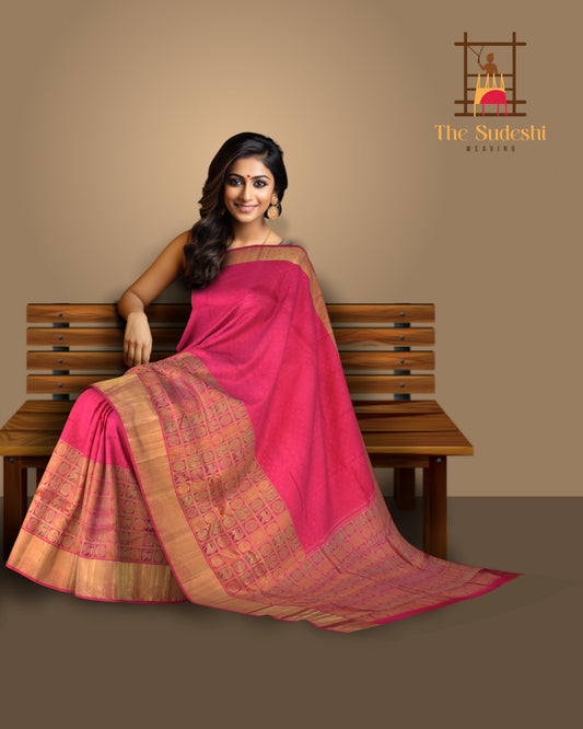 Rani Pink Kanchipuram Silk Saree with Jackard Half and half saree. Half with Mayil, Yaali checks motif. Other half is plain body with Semi circle border and Pink Rudraksham with Annapakshi Checks Pallu