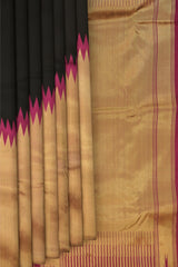 Black Kanchipuram Silk Saree with Plain Long Border . Air India Saree body with Geometrical pattern Self border and Purple Pallu with 8 Kol Seer Reku Tissue Pallu. Raising Border (Air India)