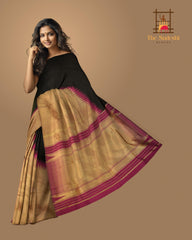 Black Kanchipuram Silk Saree with Plain Long Border . Air India Saree body with Geometrical pattern Self border and Purple Pallu with 8 Kol Seer Reku Tissue Pallu. Raising Border (Air India)