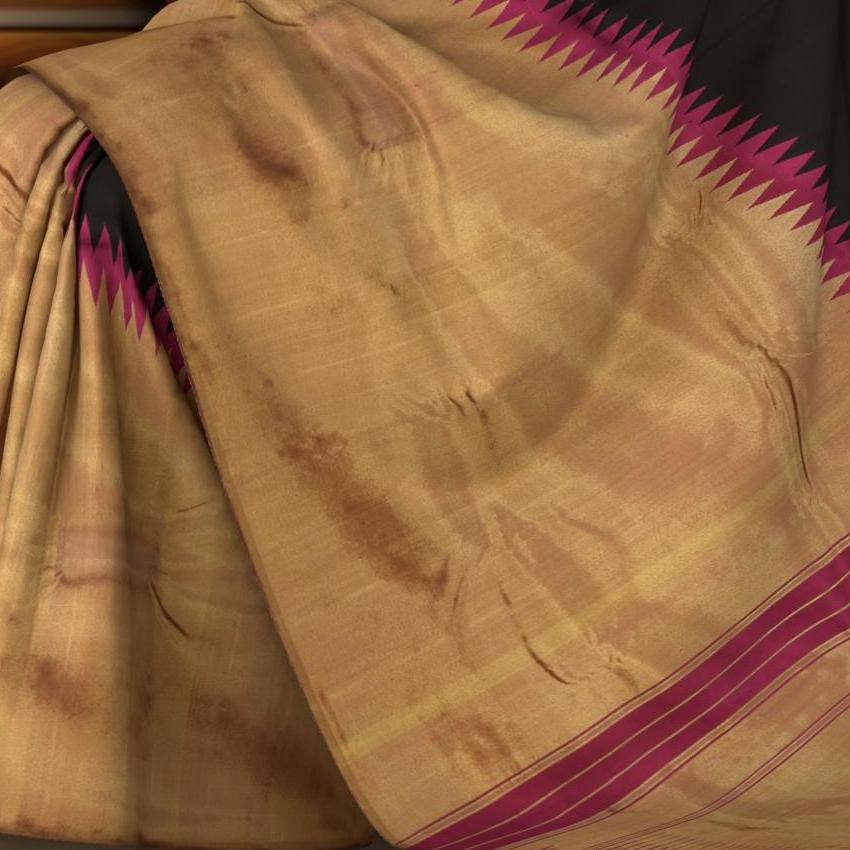 Black Kanchipuram Silk Saree with Plain Long Border . Air India Saree body with Geometrical pattern Self border and Purple Pallu with 8 Kol Seer Reku Tissue Pallu. Raising Border (Air India)