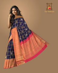 Navy Blue Kanchipuram Silk Saree with Checks Check - Silver and Gold body with Annapakshi Contrast border and Pink grand Pallu with peacock motif. Tissue Pallu