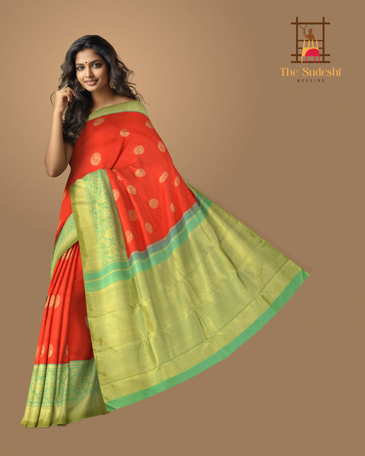Chilli Red Kanchipuram Silk Saree with Plain Motif Round body with Floral Contrast border and Pista Green Grand Tissue Pallu