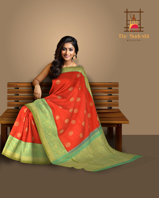 Chilli Red Kanchipuram Silk Saree with Plain Motif Round body with Floral Contrast border and Pista Green Grand Tissue Pallu