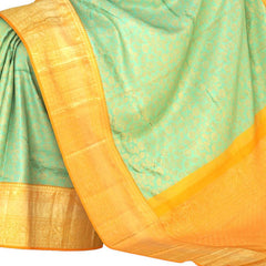 Sea blue Kanchipuram Silk Saree with Jackard Floral body with Long floral Contrast border and Yellow Mango motif with diagnol lines Pallu