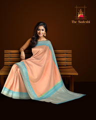 Light Peach Kanchipuram Silk Saree with Plain Silver Zari body with Temple Contrast border and Grand Powder Blue Tissue Pallu with silver zari