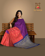 Purple Kanchipuram Silk Saree with Checks Half - half body with Contrast border and Blue Pallu with floral motif and diamond design
