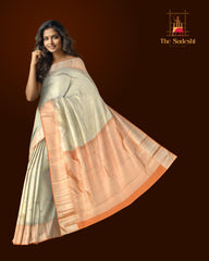 Grey Kanchipuram Silk Saree with Tissue Floral motif body with Diagnol stripes Contrast border and Orange Pallu with diagnol silver zari lines