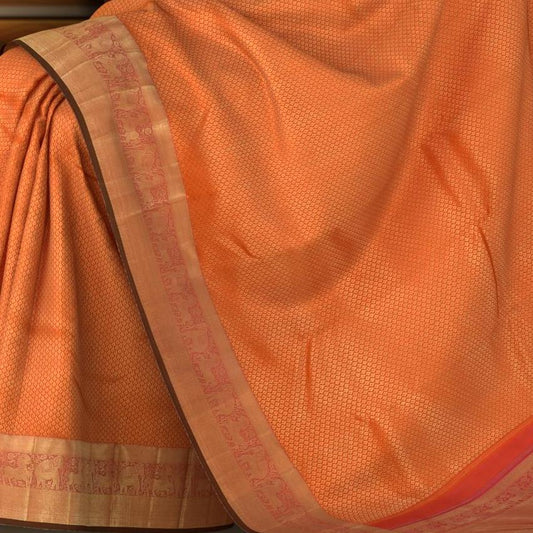 Saffron Orange Kanchipuram Silk Saree with Jackard Small leaf body with Elephant and Yaali Contrast border and Pink Pallu with Simha/ Singam Motif with intricate zig zag pattern