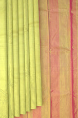 Green Kanchipuram Silk Saree with Tissue Plain Tissue body with Plain Self border and Pink Tissue Pallu with green lines