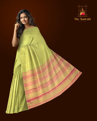 Green Kanchipuram Silk Saree with Tissue Plain Tissue body with Plain Self border and Pink Tissue Pallu with green lines