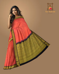 Peach and Pink Double Color Kanchipuram Silk Saree with Plain Double Color body with Diamond Contrast border and Navy Blue Yaali and Annapakshi with small diagnal motifs Pallu