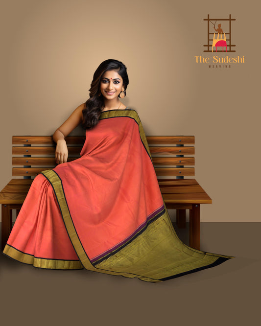 Peach and Pink Double Color Kanchipuram Silk Saree with Plain Double Color body with Diamond Contrast border and Navy Blue Yaali and Annapakshi with small diagnal motifs Pallu