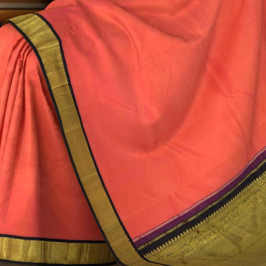 Peach and Pink Double Color Kanchipuram Silk Saree with Plain Double Color body with Diamond Contrast border and Navy Blue Yaali and Annapakshi with small diagnal motifs Pallu