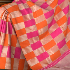 Orange- Pink-Silver Block Checks Kanchipuram Silk Saree with Block Checks on the body with Orange PinkSilver Block Checks border and Grand Silver Zari Tissue Pink Pallu