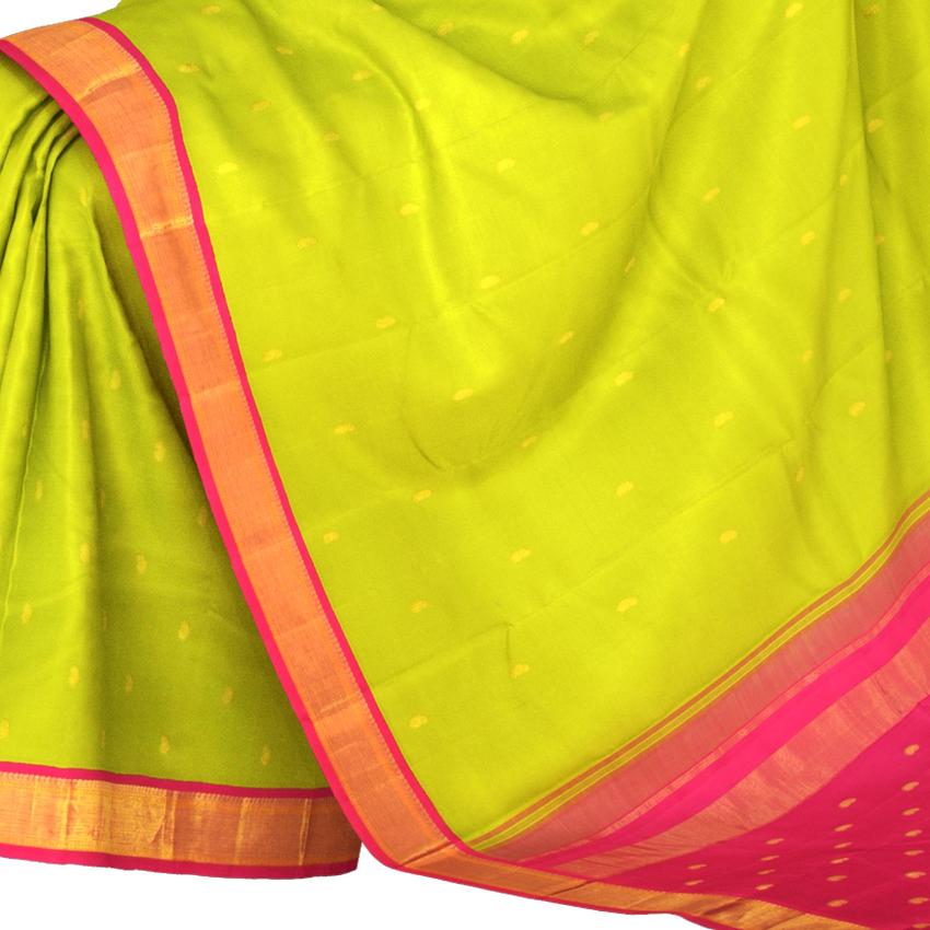 Parrot Green Kanchipuram Silk Saree with Plan Silk Saree with Mango Butta on the body with Pink contrast border and Pink Pallu with Thandavalam Border with mango Buttas