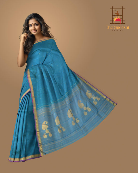 Blue Kanchipuram Silk Saree with Purple contrast border and Dull Blue Pallu with Mango Motif