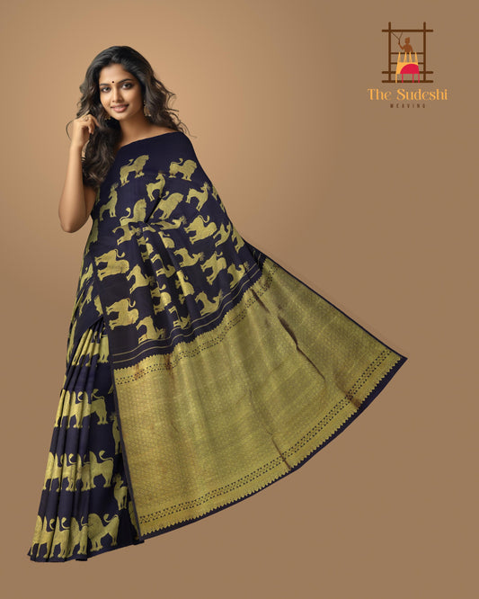 Navy Blue Kanchipuram Silk Saree with Animal on the body with Navy Blue self border and Grand Navy Blue Pallu with zig zag pattern