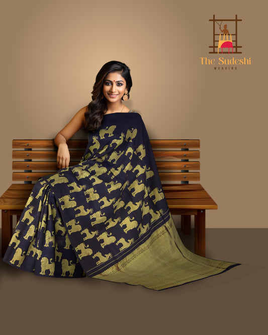 Navy Blue Kanchipuram Silk Saree with Animal on the body with Navy Blue self border and Grand Navy Blue Pallu with zig zag pattern