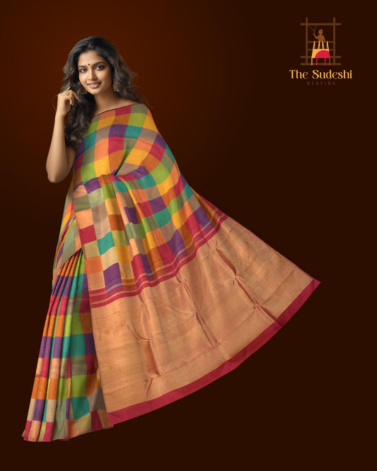 Multi color checks Kanchipuram Silk Saree with Checks on the body with Grand Tissue Pallu