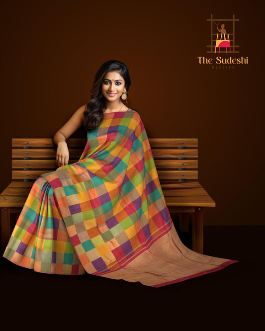 Multi color checks Kanchipuram Silk Saree with Checks on the body with Grand Tissue Pallu