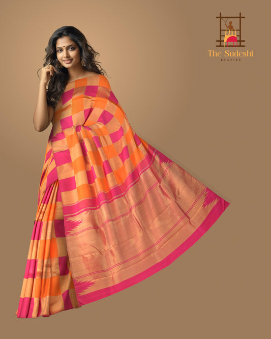 Orange and Pink Kanchipuram Silk Saree with 8 Kol Seepu Reku Grand Tissue Pallu