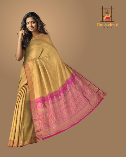 Beige Kanchipuram Silk Saree with Woven on the body with Pink contrast border and Pink Pallu with floral Motif with leaf pattern running across. Intricately designed. Grand