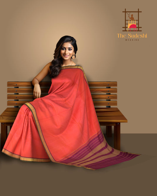 Orange Kanchipuram Silk Saree with Diamond with Mango on the body with Purple contrast border and Seet Mundhi with gatti zari