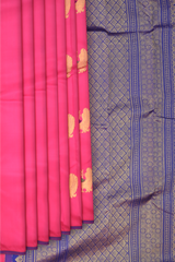 Ruby Kanchipuram Silk Saree with Diagonal Lattice Jackard and Gold Contrast border with Mango and Peacock motif Pallu in Gold