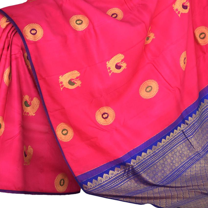 Ruby Kanchipuram Silk Saree with Diagonal Lattice Jackard and Gold Contrast border with Mango and Peacock motif Pallu in Gold