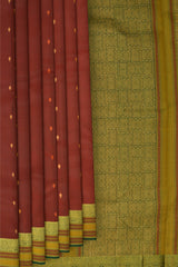 Maroon Kanchipuram Silk Saree with Kalakshetra Thread Woven threadwork on the body with Annapakshi Woven contrast border and Green woven threadwork with mustard and beige. No zari.