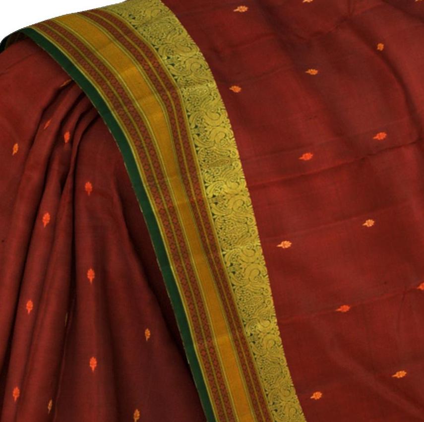 Maroon Kanchipuram Silk Saree with Kalakshetra Thread Woven threadwork on the body with Annapakshi Woven contrast border and Green woven threadwork with mustard and beige. No zari.