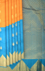 Orange and Copper Sulphate Blue Kancheevaram Silk Saree