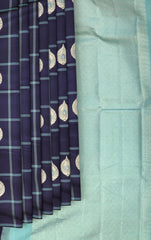 Navy Blue Kancheevaram Silk Saree with Checkered Pattern