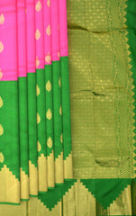 Pink and Green Kancheevaram Silk Saree with Temple Border