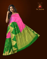 Pink and Green Kancheevaram Silk Saree with Temple Border