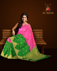 Pink and Green Kancheevaram Silk Saree with Temple Border