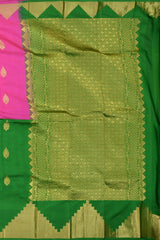 Pink and Green Kancheevaram Silk Saree with Temple Border