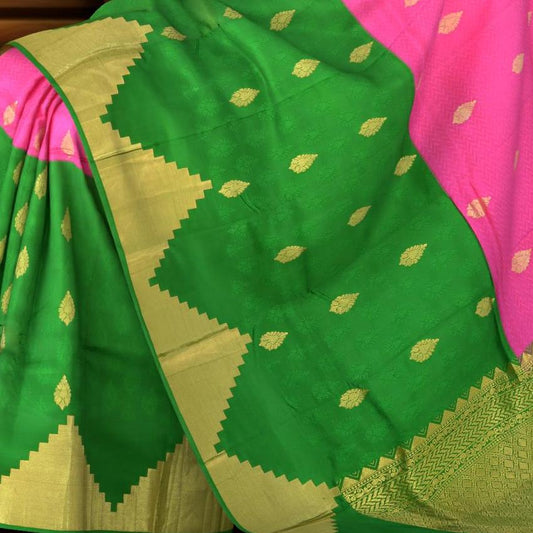 Pink and Green Kancheevaram Silk Saree with Temple Border