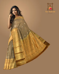 Monsoon Mirage: Grey Pure Silk Saree with Brown Benaraspet Annam Borders