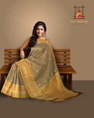 Monsoon Mirage: Grey Pure Silk Saree with Brown Benaraspet Annam Borders