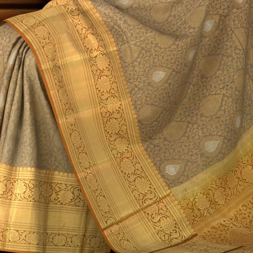 Monsoon Mirage: Grey Pure Silk Saree with Brown Benaraspet Annam Borders