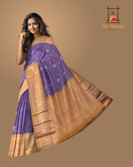 Ink Blue Kancheevaram Silk Saree with Brown Contrast and Benaraspet Floral Border