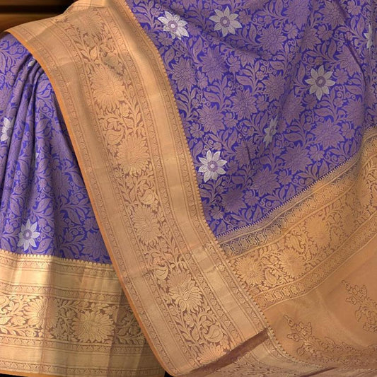 Ink Blue Kancheevaram Silk Saree with Brown Contrast and Benaraspet Floral Border