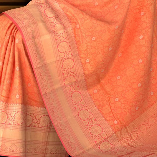 Peach Blossom Elegance: Peach Pure Silk Saree with Pink Bavanshi Borders