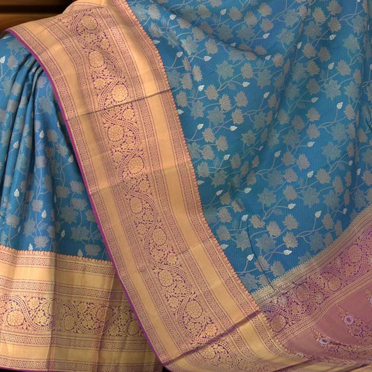 Sapphire Serenity: Blue Pure Silk Saree with Purple Bavanshi Borders