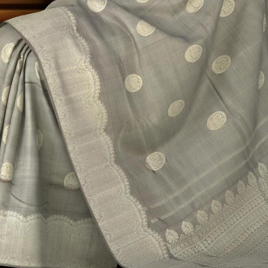 Steel Grey Kancheevaram Silk Saree with Intricately Designed Turning Border