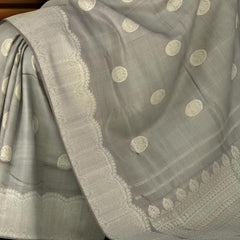 Steel Grey Kancheevaram Silk Saree with Intricately Designed Turning Border